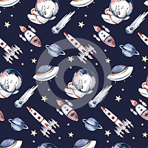 Astronaut seamless pattern. Universe kids Baby boy girl elephant, fox cat and bunny, space suit, cosmonaut stars, planet, moon,