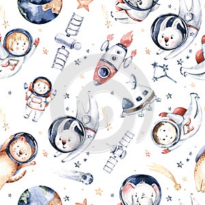 Astronaut seamless pattern. Universe kids Baby boy girl elephant, fox cat and bunny, space suit, cosmonaut stars, planet, moon,