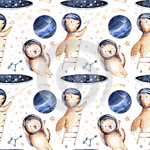 Astronaut seamless pattern. Universe kids Baby boy girl elephant, fox cat and bunny, space suit, cosmonaut stars, planet, moon,