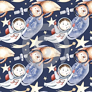 Astronaut seamless pattern. Universe kids Baby boy girl elephant, fox cat and bunny, space suit, cosmonaut stars, planet, moon,