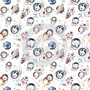 Astronaut seamless pattern. Universe kids Baby boy girl elephant, fox cat and bunny, space suit, cosmonaut stars, planet, moon,