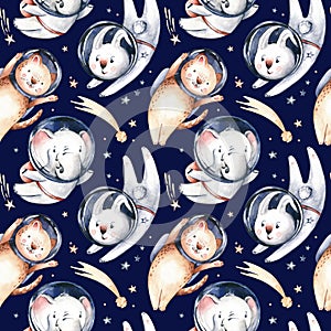 Astronaut seamless pattern. Universe kids Baby boy girl elephant, fox cat and bunny, space suit, cosmonaut stars, planet, moon,