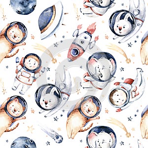 Astronaut seamless pattern. Universe kids Baby boy girl elephant, fox cat and bunny, space suit, cosmonaut stars, planet, moon,