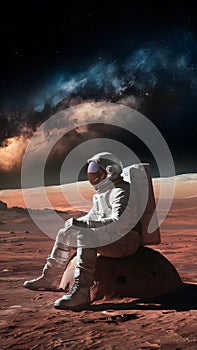 Astronaut seated on Mars, contemplating the vastness of the cosmos