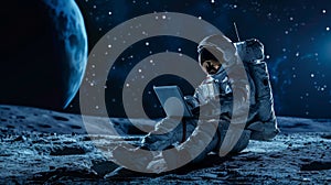 An astronaut seated on the moon's surface, working on a laptop under a starry sky with Earth visible in the photo
