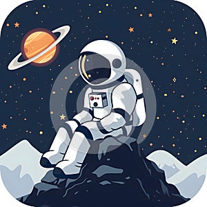 Astronaut seated on rock, planet in background, space art