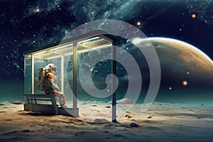 Astronaut sits at a bus stop under a star-speckled sky of another planet waiting for a transport to come. Intergalactic travel sci photo