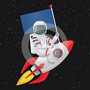 Astronaut sitting astride the rocket ship holding the flag with left hand and touching the ship with the other hand