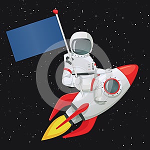 Astronaut sitting astride the rocket ship holding the flag with right hand and touching the ship with the other hand.