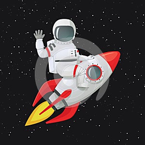 Astronaut sitting astride the rocket ship waving one hand and touching the ship with the other