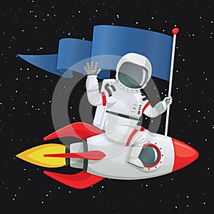 Astronaut sitting astride the rocketnship holding the flag and waving.