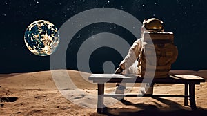 Astronaut Sitting On Bench Looking At Earth In Postmodern Photomontage Style