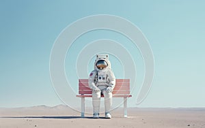 Astronaut sitting on a bust stop bench. Back to school conceptual background.