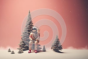 Astronaut sitting on a chair next to the Christmas tree.