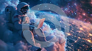 An astronaut sitting on the clouds with laptop, flying over a city in a starry magic night