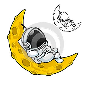 Astronaut Sitting on The Crescent Moon with Black and White Line Art Drawing