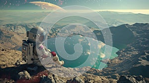 Astronaut sitting on a rocky terrain looking at a distant planet. Sci-fi concept art