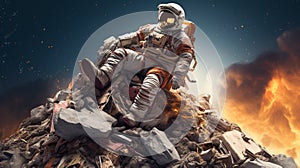 Astronaut sitting on rubble. - Generative ai