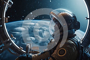 An astronaut sitting in spaceship with huge porthole with view to some planet