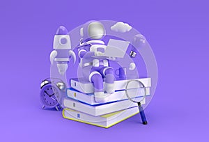 Astronaut sitting on Stack of books with working on laptop 3D Render Illustration