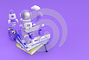 Astronaut sitting on Stack of books with working on laptop 3D Render Illustration