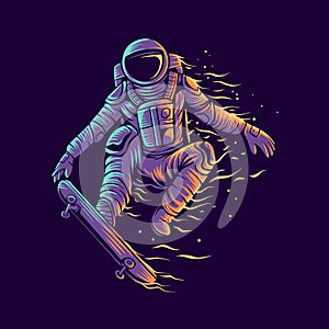 Astronaut skateboarding jump with skateboard vector illustration design