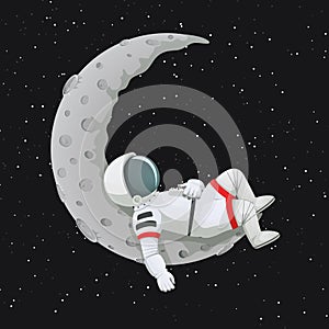 Astronaut sleeping, relaxing, lying, resting on the crescent moon