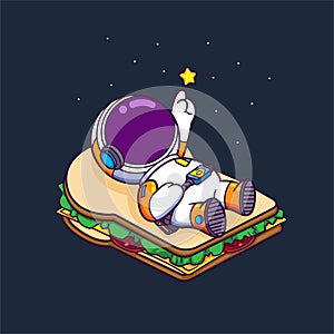 The astronaut is sleeping on a sandwich and looking up the stars on the galaxy