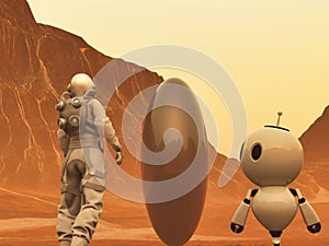 Astronaut and small robot facing a strange egg-shaped object on a desert alien planet