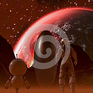 Astronaut and small robot facing a strange egg-shaped object on a desert alien planet at night