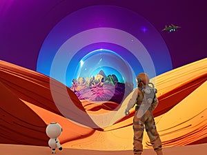 Astronaut and a small robot at a spacewalk on a desert planet with a spaceship in the sky