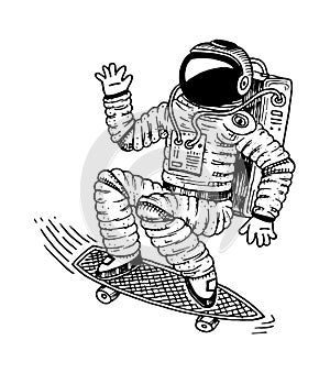 Astronaut soaring with skateboard. Dancing spaceman. adventure in the astronomical galaxy space. cosmonaut explores the