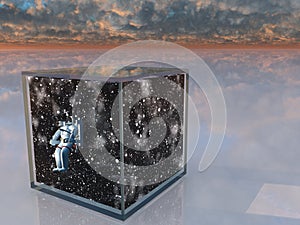 Astronaut and space captured in clear box