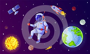 Astronaut in space. Cosmonaut flying in outer space with rocket, satellite, planets, stars. Astronaut on spacewalk