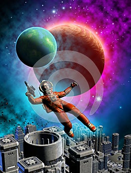 Astronaut in space floating over a spacebase in an alien Planet, 3d rendering