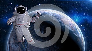 Astronaut in space giving thumbs up, cosmonaut floating above planet Earth, 3D render