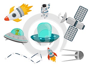 Astronaut space landing planets spaceship future exploration space ship cosmonaut rocket shuttle vector illustration