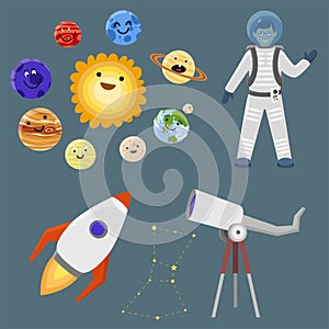 Astronaut space landing planets spaceship solar system future exploration space ship cosmonaut rocket shuttle vector