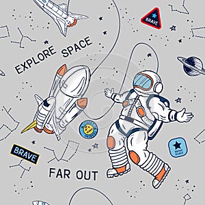 Astronaut and space seamless pattern vector. Graphic tee. vector design for t-shirt printing