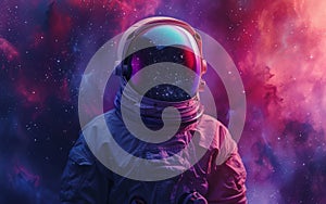 Astronaut in a space suit against a surreal pink nebula with sparkling stars and a distant planet.