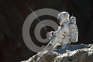 Astronaut in space suit fishing on the moon Generative AI