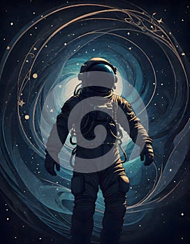 Astronaut in space suit floating amidst a mesmerizing swirl of cosmic energy and galaxy, representing orbits or energy waves,