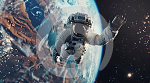 Astronaut in space suit floating and waving in zero gravity with Earth in the backdrop