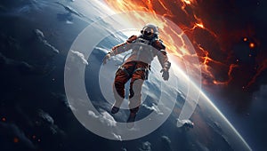 astronaut in space suit and helmet flying on orbit of far planet, cosmonaut orbiting Earth in cosmos, astronomy concept