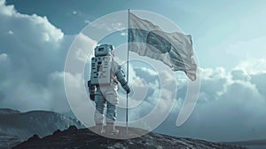 An astronaut in a space suit holding a flag on a simulated lunar or Martian surface, representing the future