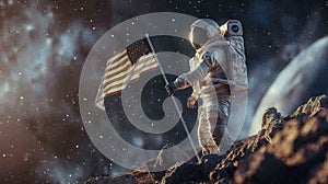 An astronaut in a space suit holding a flag on a simulated lunar or Martian surface, representing the future