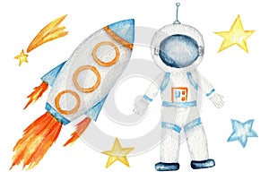 Astronaut in space suit set, Space rocket launch, cosmonaut in helmet, Spaceship start and stars isolated watercolor