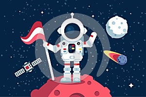 Astronaut in space suit standing on moon with flag