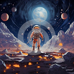 Astronaut in Space Suit Standing on an Unknown Planet Looking at the Galaxy.