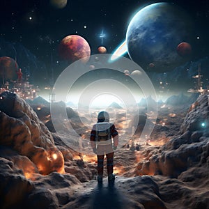 Astronaut in Space Suit Standing on an Unknown Planet Looking at the Galaxy.